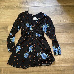 Free People Dress Small Long Sleeve Mini Bluew Flowers V Neck
